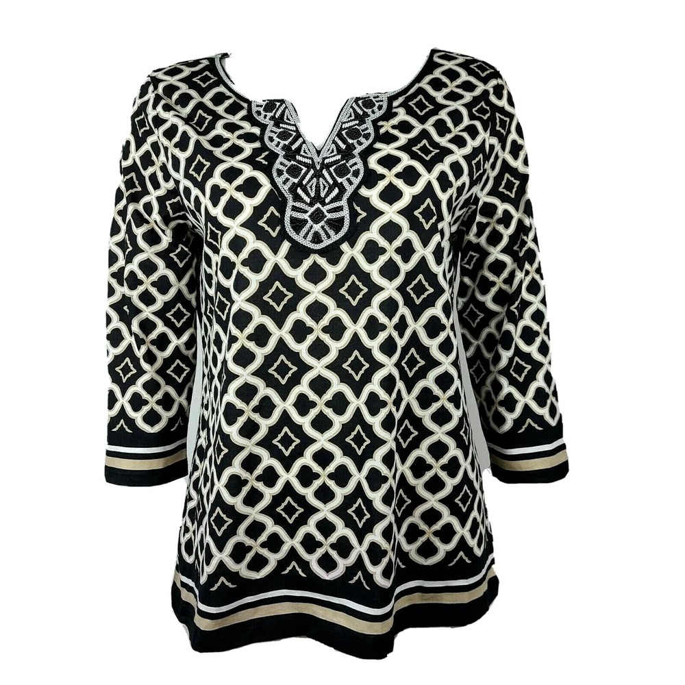 Charter Club Top Womens MP Medium Petite Preppy Black Geometric Beaded Cotton
